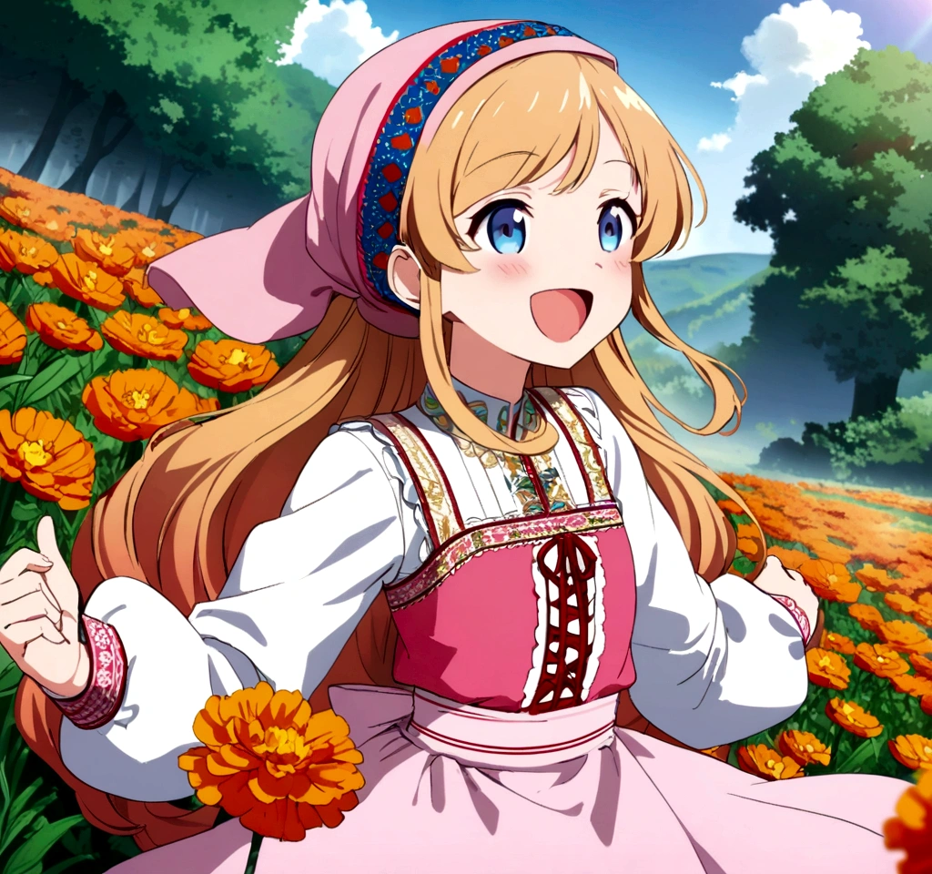 golden orange hair, gradient hair, very long hair, swept bangs, sidelocks, curly hair, wavy hair, (((((head scarf))))), head bandana, pink apron, flower in hair, marigold, orange flower, blue eyes, dirndl, pink dress, pink dirndl, long sleeves, waist apron, white apron, bow on waist, blue bow, , polish clothing, Slavic clothing, Hungarian clothing, anime, cute, flat chest, solo, exaggerated expression laughing, cheerful, XD