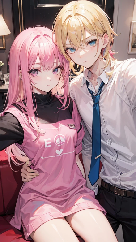 young man,blonde hair combed to the side, taking a selfie with a girl with long pink hair