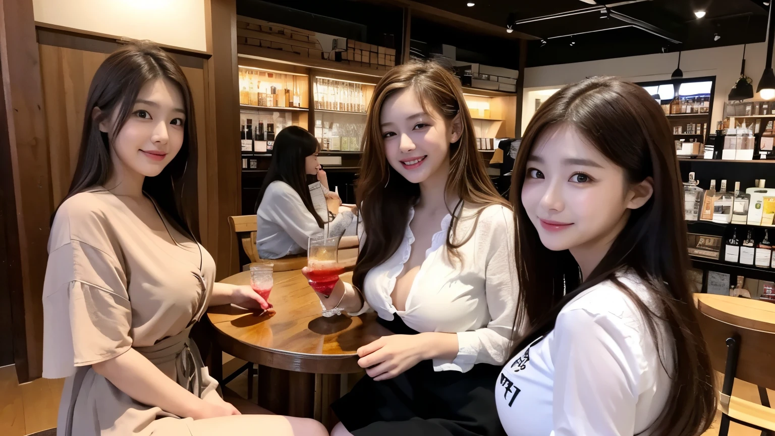 Highest quality、High resolution、8k wallpaper、Dense and beautiful eyedium hair、(Beautiful breasts:1.3)、Natural color lip、25歳のfemale性、female性、Brown Hair、smile、Semi-long hair、female３people、Fluffy blouse、mini skirt、drinking party、Izakaya、indoor、Inside the store、Drinking alcohol