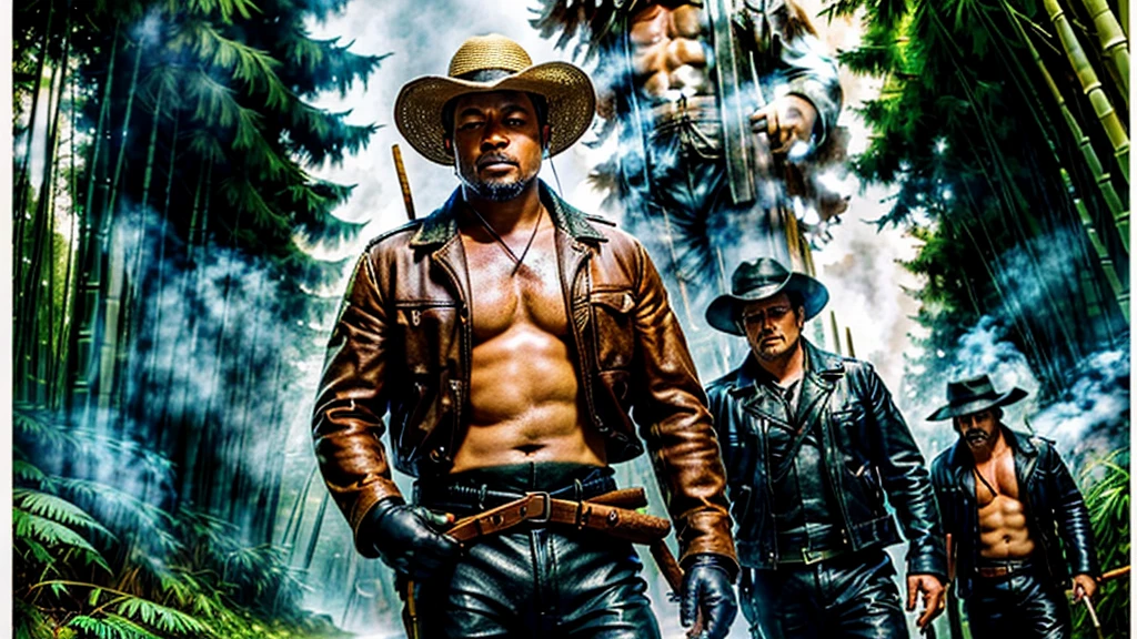 The Captain of the Forest -- leather jacket, long pants and hunter's boots, with a straw hat, closed, he is wounded and is carried by the arms of the men = one on the left side, the other on the right side - - a lot of smoke - he is carried by two henchmen - a lot of smoke - the captain of the forest falls to the ground in the background a bamboo grove