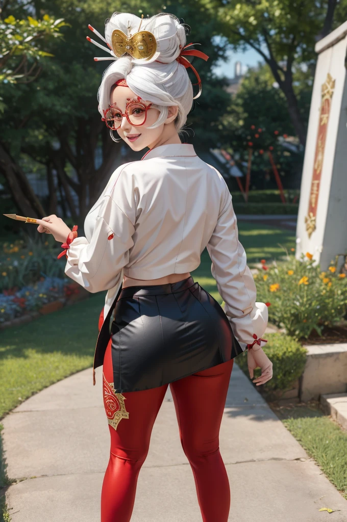 masterpiece, best quality, purah, red glasses, hair ornament, hair stick, red headband, white shirt, white jacket, black skirt, orange leggings, high heels, standing, perfect booty, round heart shaped ass, smile, from behind, looking back, thick thighs, garden, hands to hips