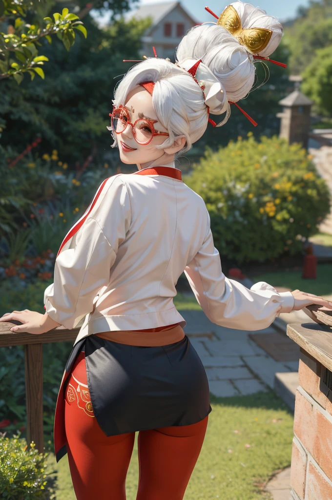 masterpiece, best quality, purah, red glasses, hair ornament, hair stick, red headband, white shirt, white jacket, black skirt, orange leggings, high heels, standing, perfect booty, round heart shaped ass, smile, from behind, looking back, thick thighs, garden, hands to hips