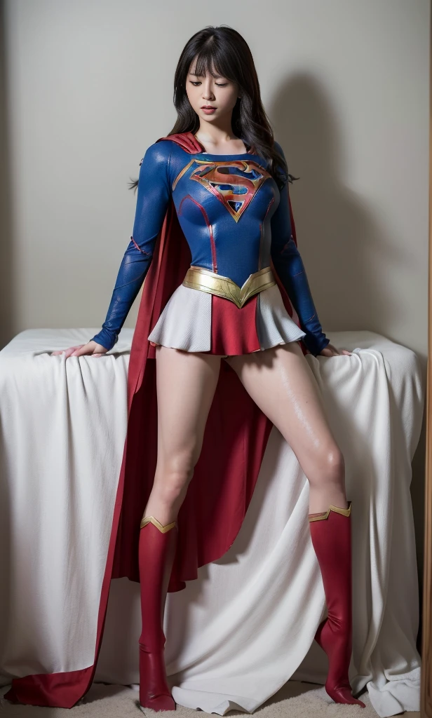 (((Highest quality、8K、masterpiece:1.3))、Supergirl、胸にSupergirlのロゴ、Eyes closed、Head facing down、hang down your neck、Sharp focus:1.2、Beautiful woman with perfect figure:1.4、Slim Abs:1.2、((Layered Cut、Huge boobs:1.2))、Wet body:1.5、非常に詳細な顔と肌の質感Supergirl、Bloodstained、Clothes are shredded、Torn、Highest quality, Familiar, High resolution), 1 Girl, Supergirl、Super Heroine、Bishoujo Warrior、defeat、Lying down'return、fall、knock out、フィットしたSupergirlのコスチューム、Enlarge your breasts、Muscular、alone, From above,sleepy, sleepワイン, Doll joints、sleep、it hurts、it hurts look、syncope、cadaver、Beautiful crotch、High detail、8K