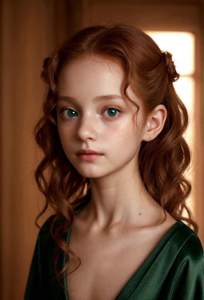 In a rococo atelier、(flat!!!! tiny!!!! chest). (6!!!! year old girl). (very!!!!!! beautiful!!!!!!!! young!!!!!!!!!!! 6!!!! year old face), Oil painting model、 wearing a dark_green open robe, anorexic!!!!!!, emaciated!!!!!!!!!!!!!, very skinny!!!!!!, (very short!!!!!!!!!!!!!!), tiny!!!!!. Highly detailed, 8K, short!!!!!!!!!, 1girll, boney!!!!!!, firered!!!!!! long wavy, curly hair, redhead!!!!!!!!!!!! , , (Perfect_Face), Convoluted, Dramatic Lighting, 4K, Detailed_Background, Caustics, Portrait, , from a_Side!!!!!, (eye contact!!!!!), (looking at camera!!!!!!)