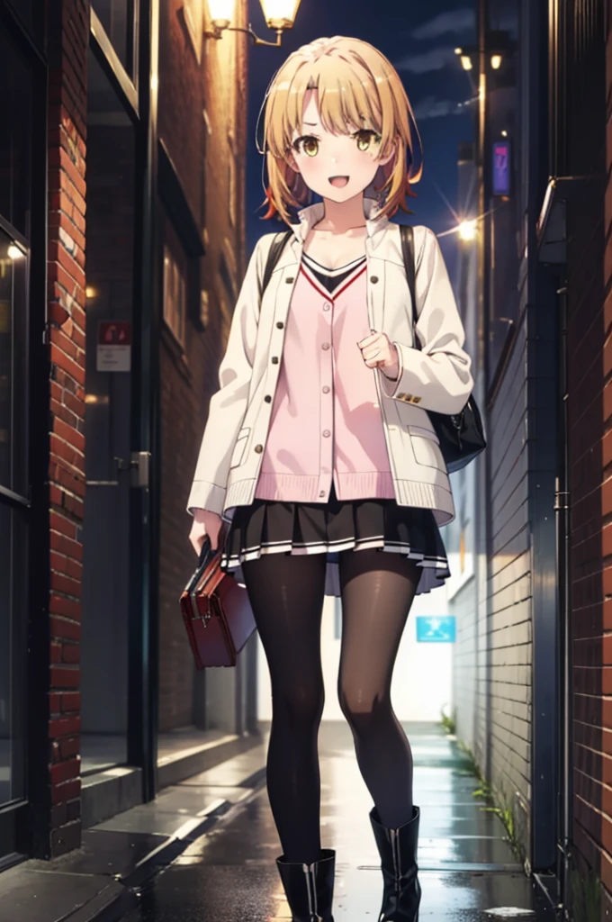 Irohaisshiki, isshiki iroha, short hair, Brown Hair, (Brown eyes:1.5), happy smile, smile, Open your mouth,blush,Riders jacket　Open front,V-neck shirt,mini skirt,Black pantyhose,short boots,Walking,He is holding the grip of a black umbrella in his right hand.,rain,cloudy,Walking,whole bodyがイラストに入るように,
break outdoors, Building district,crowd, people々々,
break looking at viewer,whole body,
break (masterpiece:1.2), Highest quality, High resolution, unity 8k wallpaper, (figure:0.8), (Beautiful attention to detail:1.6), Highly detailed face, Perfect lighting, Highly detailed CG, (Perfect hands, Perfect Anatomy),