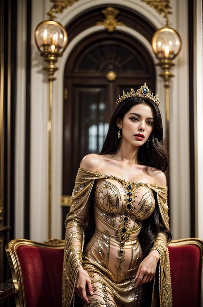 a queen in a medieval european empire style, beautiful intricate crown, elegant flowing gown, regal posture, ornate throne room background, warm lighting, photorealistic, highly detailed, 8k, dramatic lighting, dramatic colors, cinematic composition