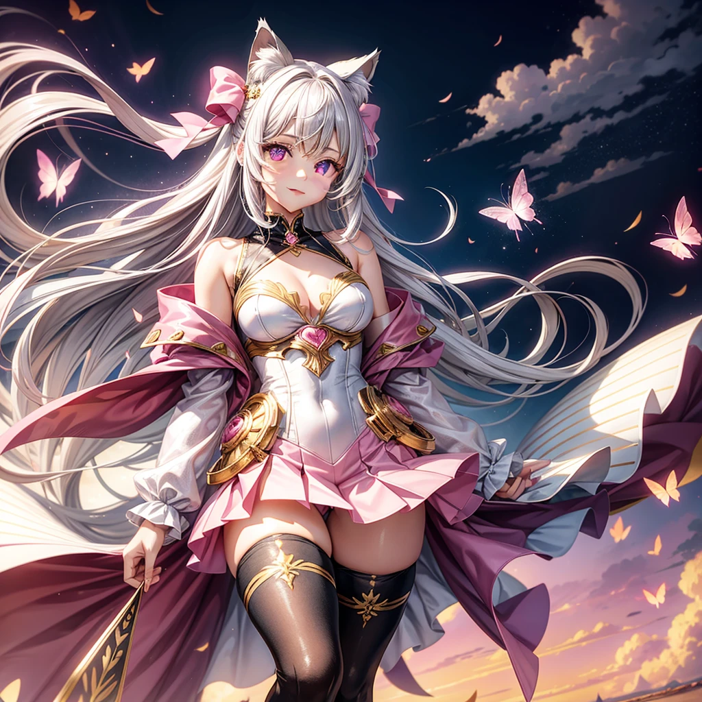 Silver hair, pink eyes, woman, sun and clouds background, pink and gold clothes, hair bows, happy face, queen outfit, sexy, cat ears, floating butterflies, thigh up, thigh high tights