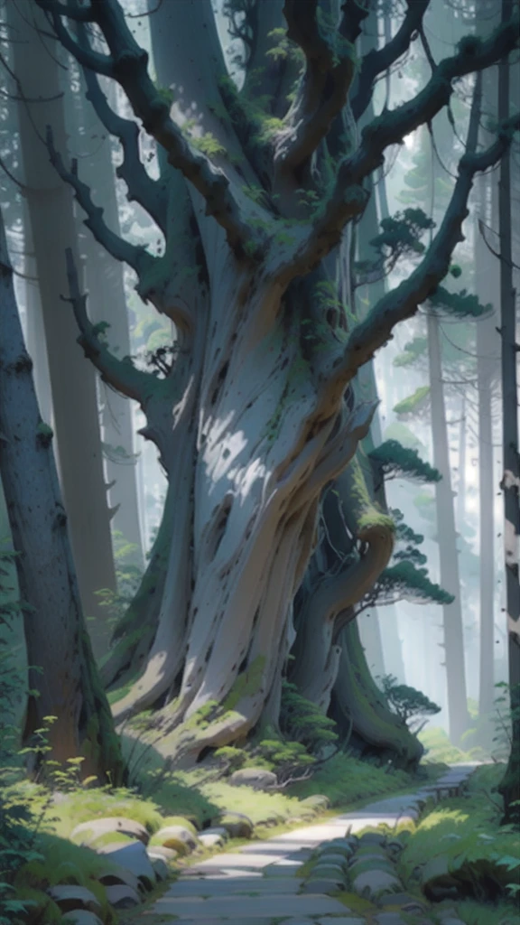 In the center of the image is the、Majestic and ancient trees stand tall、Its thick, twisted trunk is blue.々It stretches out from the top of a hill.。The tree&#39;s spreading canopy is full of bright green leaves.、It features dark foliage under a bright blue sky.。On top of the tree、There are fluffy white clouds lit by sunlight.、A ray of light penetrates the clouds, creating a heavenly glow.。There are some stars in the sky、Adds magic and wonder。The whole scene is bathed in a warm, golden light.、Gives a sense of peace and tranquility。The view is from a low angle、It emphasizes the grandeur and height of the tree.。There is a high level of detail throughout the image.、indivual々The texture of the leaves and bark is clearly visible.。
