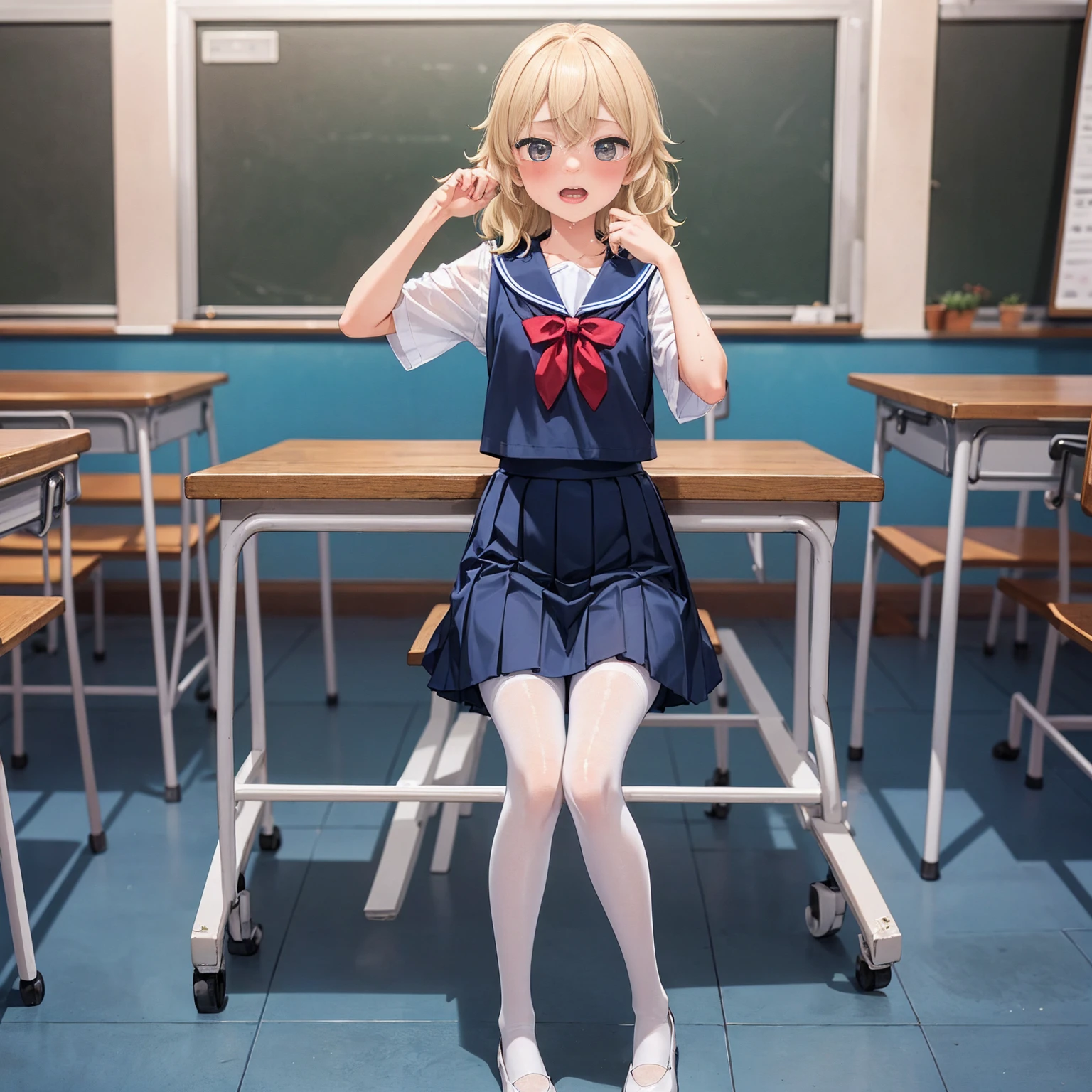 Highest quality,Highest quality,One girl,One boy,((((10 years old)))),Flat Chest,orgasm,blush, Sweat, Sakurai Momoka,Blonde,White Sarah Outfit,Navy Blue Skirt, Not a pleated skirt,whole body,classroom, Grey pantyhose、Flipping up a navy blue skirt、Spread your legs