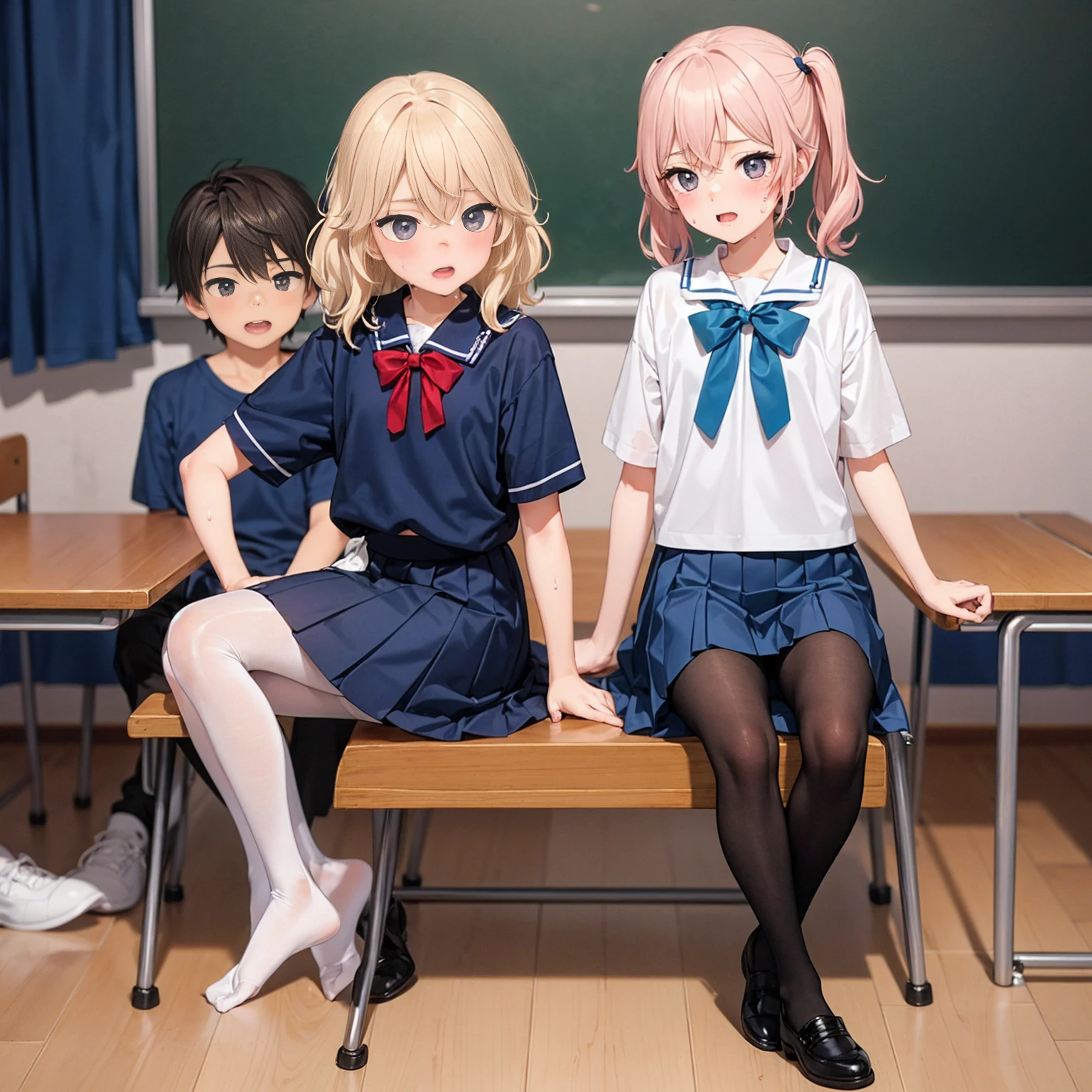 Highest quality,Highest quality,One girl,One boy,((((10 years old)))),Flat Chest,orgasm,blush, Sweat, Sakurai Momoka,Blonde,White Sarah Outfit,Navy Blue Skirt, Not a pleated skirt,whole body,classroom, Grey pantyhose、Flipping up a navy blue skirt、Spread your legs