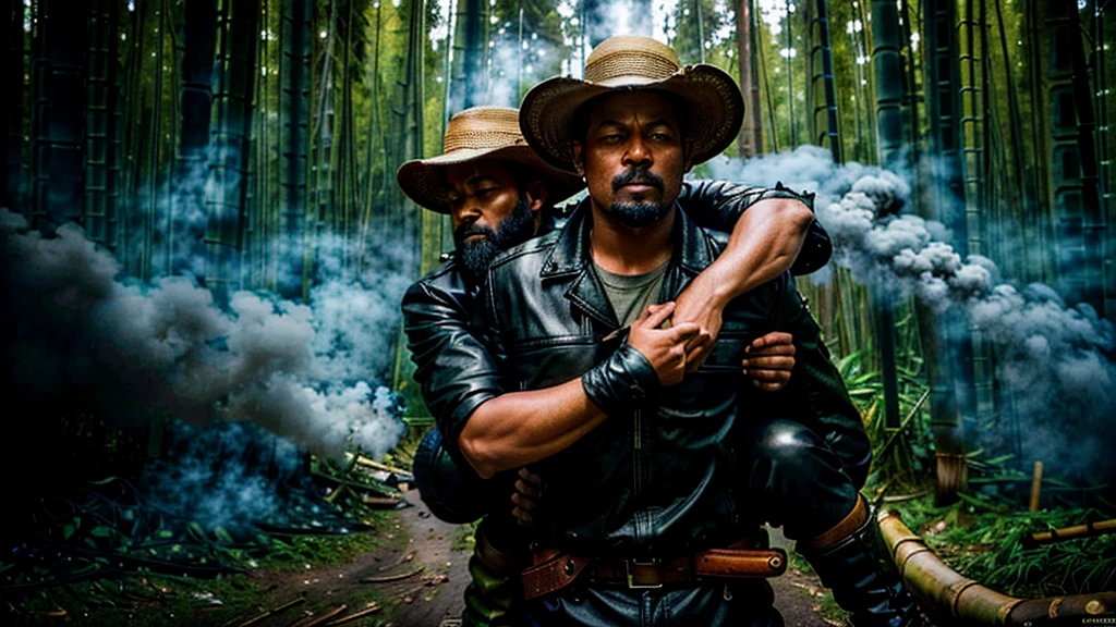 The Captain of the Forest -- leather jacket, long pants and hunter's boots, with a straw hat, closed, he is wounded and is carried on the shoulders of the men = one on the left side, the other on the right side - - a lot of smoke - he is carried by two henchmen - a lot of smoke - the captain of the forest falls to the ground in the background a bamboo grove