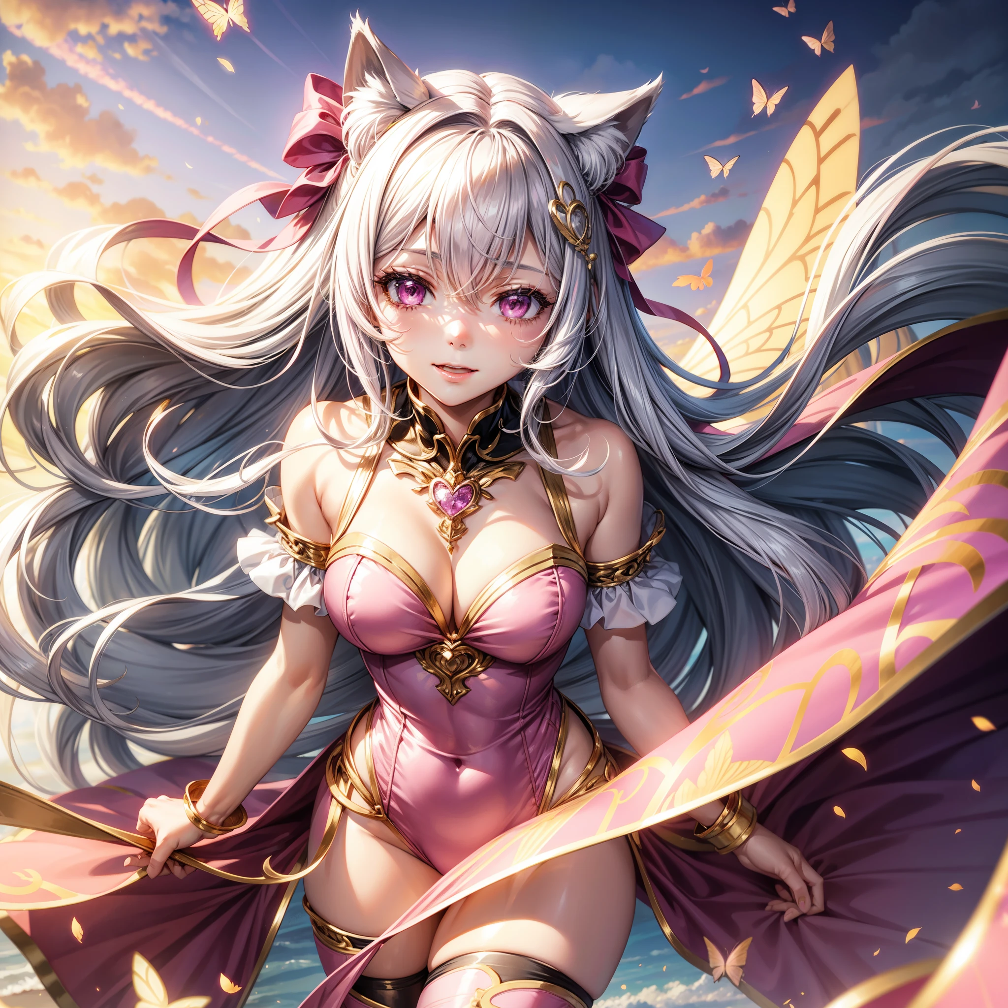 Silver hair, pink eyes, woman, sun and clouds background, pink and gold clothes, hair bows, happy face, queen outfit, sexy, cat ears, floating butterflies, thigh up, thigh high tights