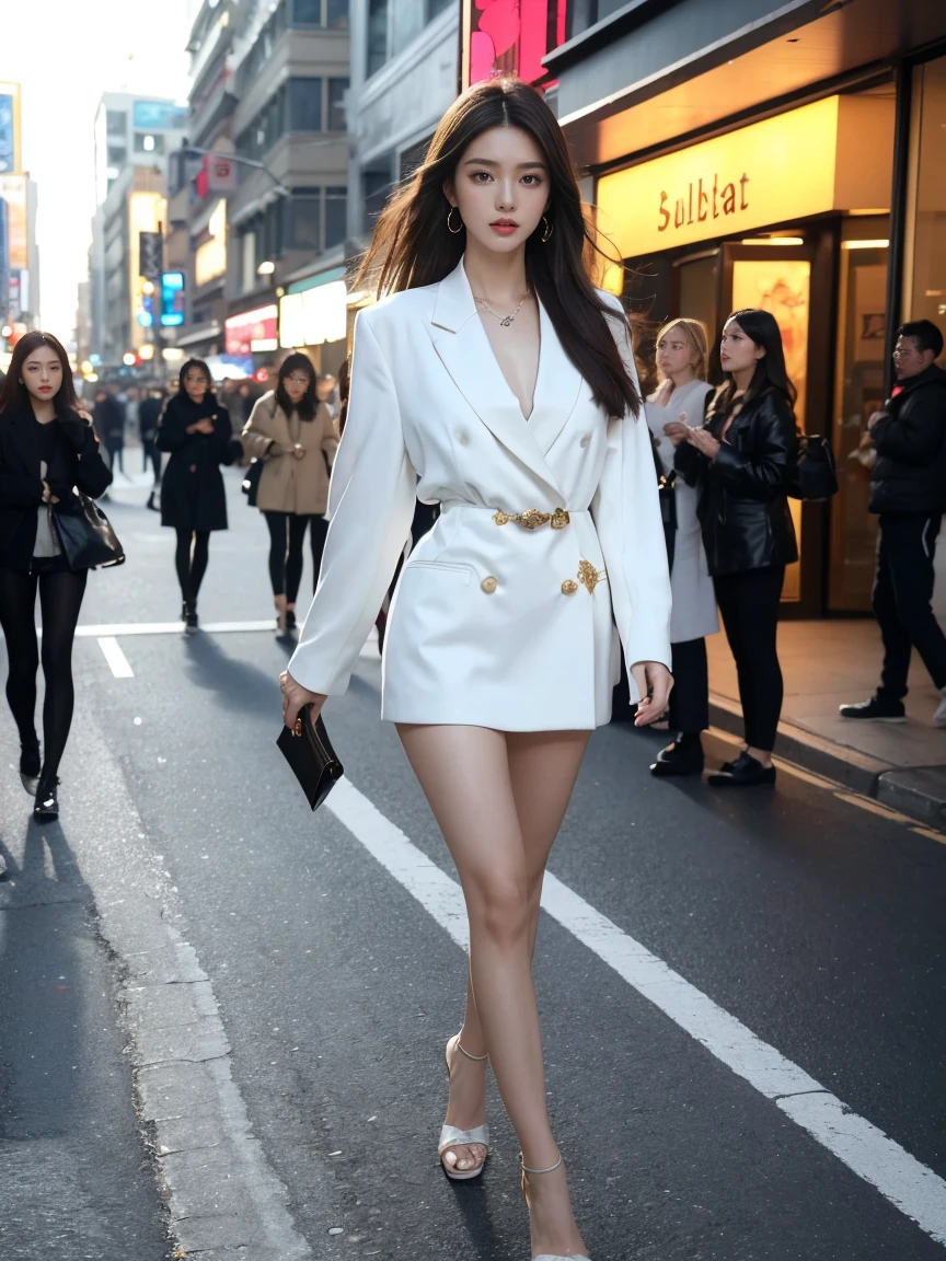Highest quality,masterpiece,Ultra-high resolution,(Actual:1.4),Original photo,Ultra-high resolution,real,Surrealism 8k,1 Girl,expensive,Long legs,Exquisite makeup,Fashionable clothes,Elegant clothing,Young and energetic,Outdoor during the day,Walking Street,Street Photography,Super cool,model