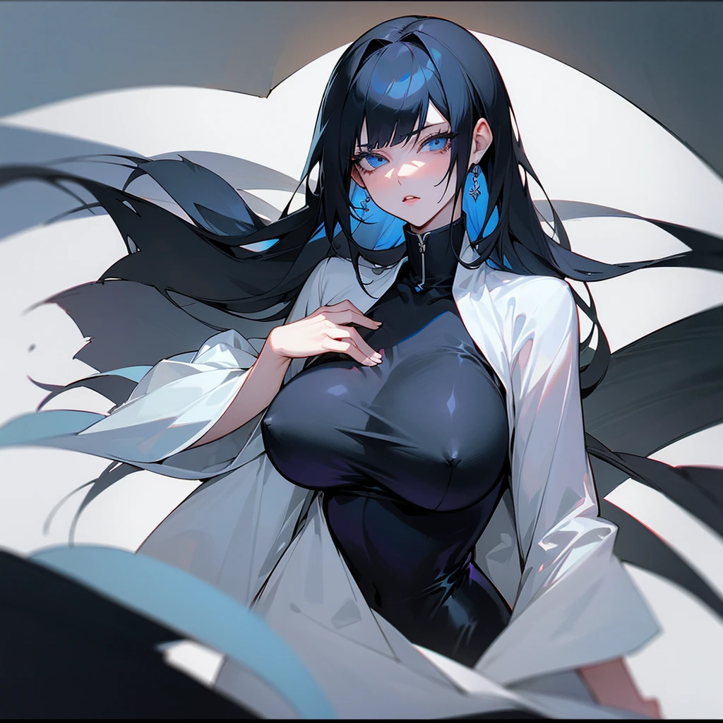 Female gender.
pale complexion.
large eyes, round and long eyelashes.
blue eyes.
wide, with bangs.
black hair.
Her are gigantic.
The girl is hugging Yuuji Itadori, del manga jujutsu kaisen.
She is pressing her body against him., and giving him a kiss.