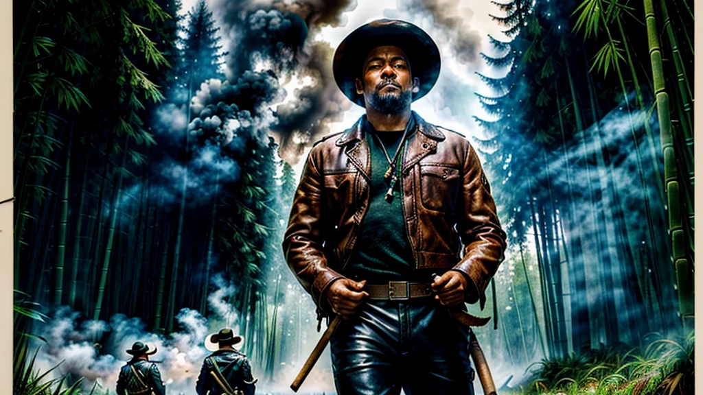 The Captain of the Forest -- leather jacket, long pants and hunter's boots, with a straw hat, closed, he is wounded and is carried on the shoulders of the men = one on the left side, the other on the right side - - a lot of smoke - he is carried by two henchmen - a lot of smoke - the captain of the forest falls to the ground in the background a bamboo grove
