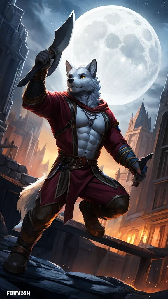 man (normal human), full body, large muscular chest, volumetric abdomen, day, , detailed, Uploaded to e621, beautiful and detailed portrait of an anthropomorphic white wolf (((male))) subtract, ross tran, Ruan Jia, Uploaded to e621, zaush, Foxovh, film lighting, moon lights, Jumped, yellow eyes, Light skin, he wears medieval clothes and holds in his hand a large ax
