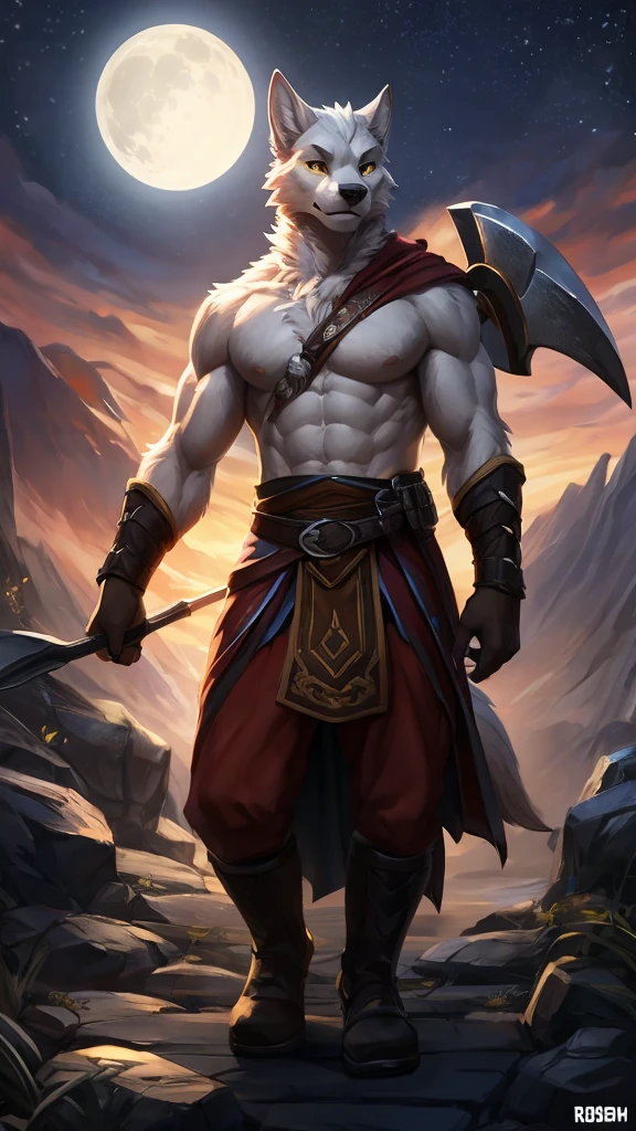 man (normal human), full body, large muscular chest, volumetric abdomen, day, , detailed, Uploaded to e621, beautiful and detailed portrait of an anthropomorphic white wolf (((male))) subtract, ross tran, Ruan Jia, Uploaded to e621, zaush, Foxovh, film lighting, moon lights, Jumped, yellow eyes, Light skin, he wears medieval clothes and holds in his hand a large ax
