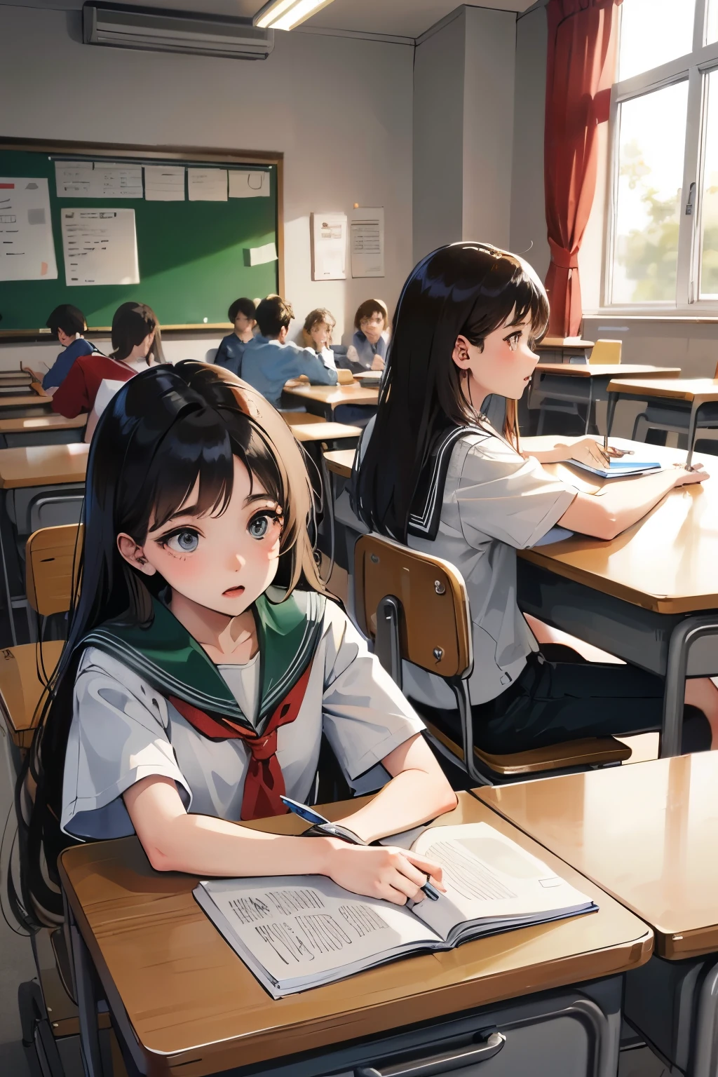 ((Best Quality)), ((Masterpiece)), (detailed),  students sitting at desks with surprised expression 