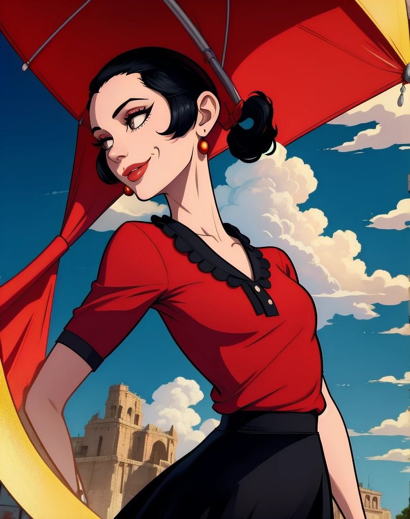 OliveOyl, short black hair with ponytail, black eyes, solo, upper body ,
red shirt , black long skirt, small earrings,
standing,    hips, 
smiling, waterboat,  sunny, clouds,
 (insanely detailed, beautiful detailed face, masterpiece, best quality)
 