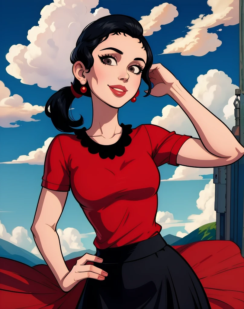 OliveOyl, short black hair with ponytail, black eyes, solo, upper body ,
red shirt , black long skirt, small earrings,
standing,    hips, 
smiling, waterboat,  sunny, clouds,
 (insanely detailed, beautiful detailed face, masterpiece, best quality)
 