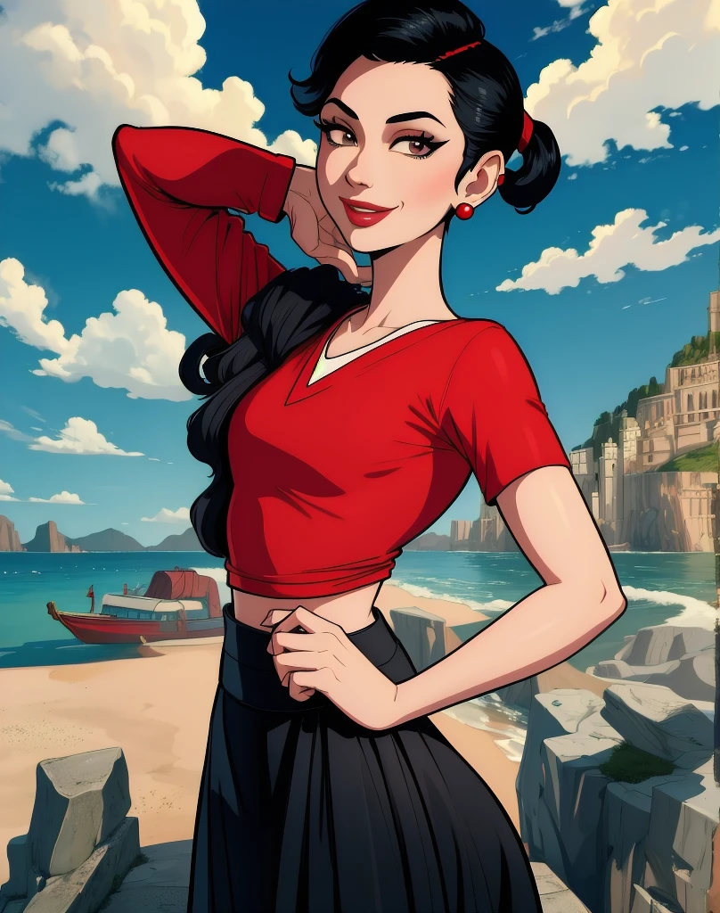 OliveOyl, short black hair with ponytail, black eyes, solo, upper body ,
red shirt , black long skirt, small earrings,
standing,    hips, 
smiling, waterboat,  sunny, clouds,
 (insanely detailed, beautiful detailed face, masterpiece, best quality)
 