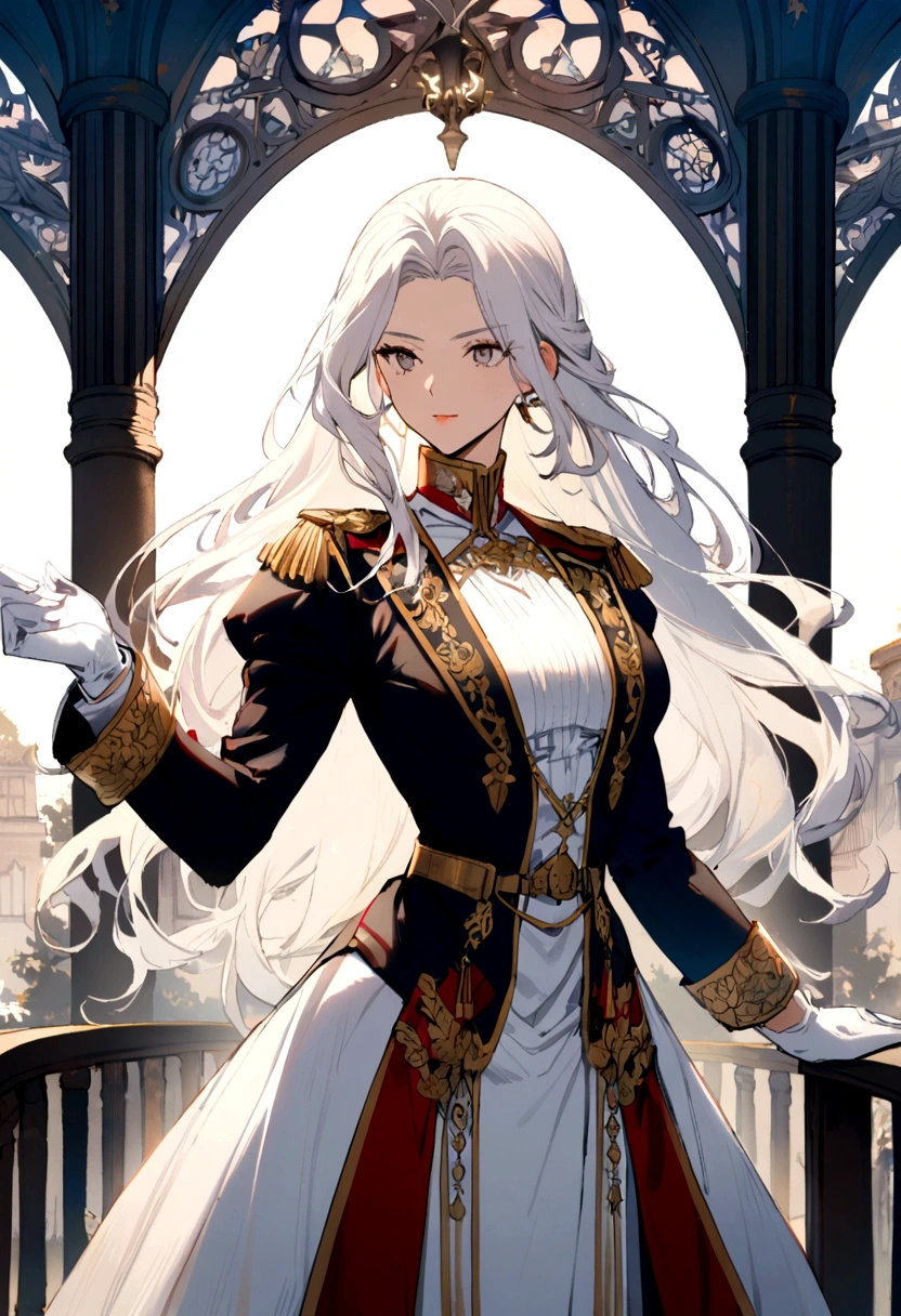 1woman, long hair, white hair, noble clothes, military uniform, white gloves,