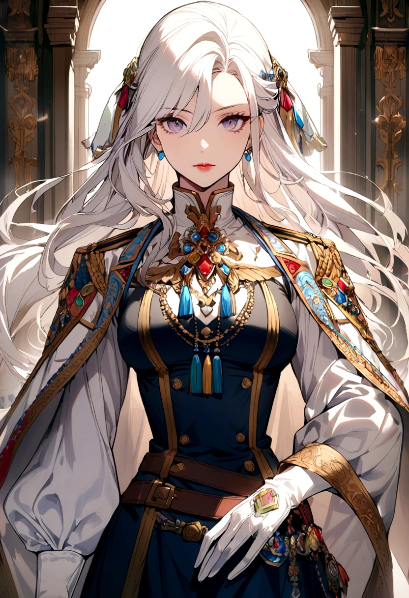 1woman, long hair, white hair, noble clothes, military uniform, white gloves,