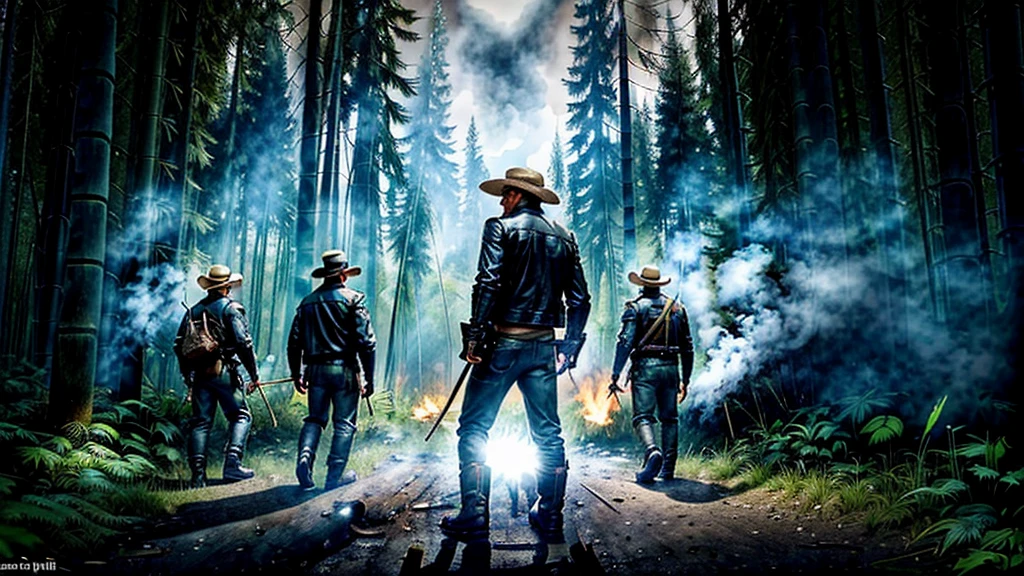 The Captain of the Forest -- leather jacket, long pants and hunter's boots, with a straw hat, closed, he is wounded and is carried on the shoulders of the men = one on the left side, the other on the right side - - a lot of smoke - he is carried by two henchmen - a lot of smoke - the captain of the forest falls to the ground in the background a bamboo grove