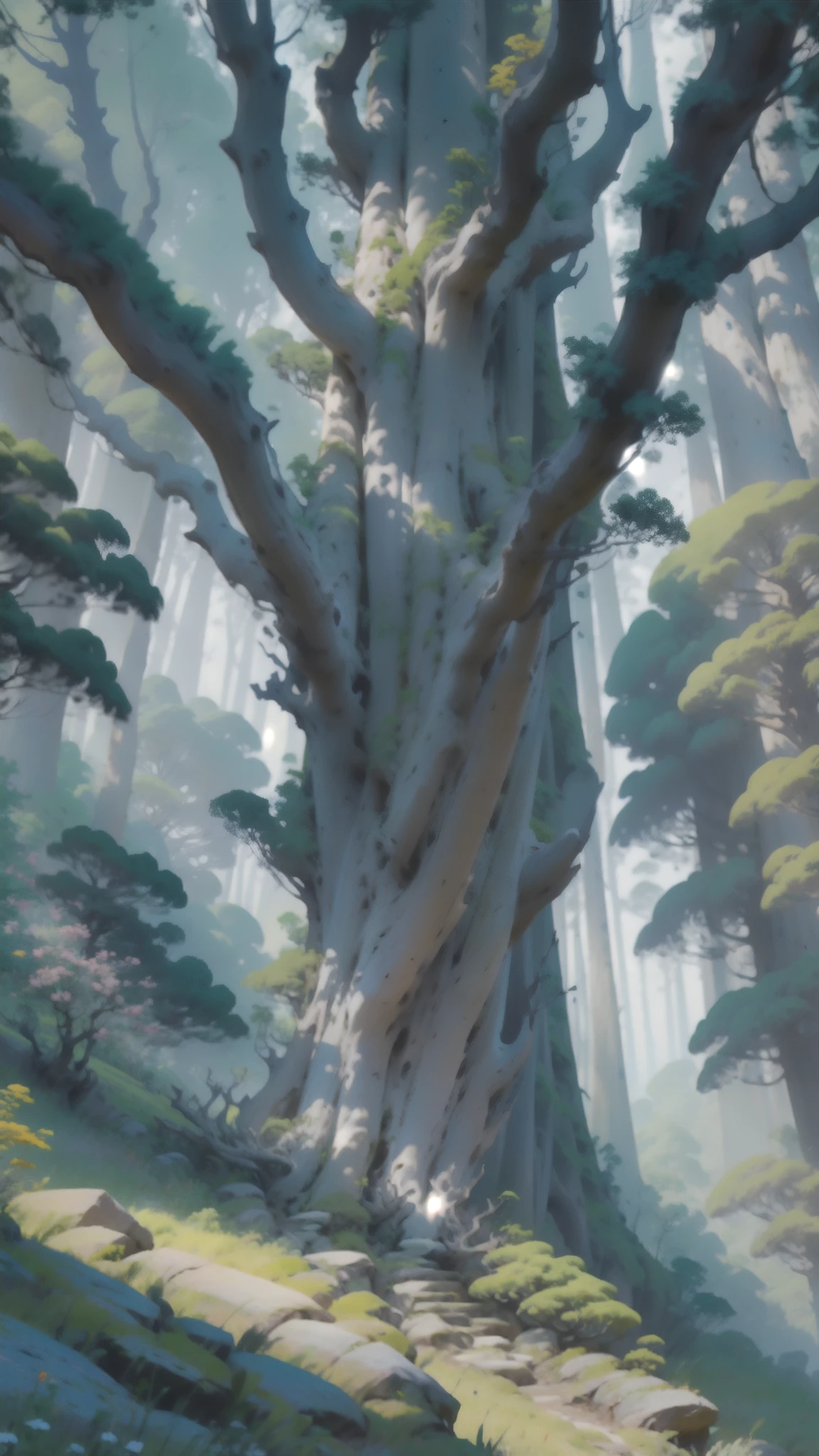 In the center of the image is the、Majestic and ancient trees stand tall、Its thick, twisted trunk is blue.々It stretches out from the top of a hill.。The tree's spreading canopy is full of bright green leaves.、It features dark foliage under a bright blue sky.。On top of the tree、There are fluffy white clouds lit by sunlight.、A ray of light penetrates the clouds, creating a heavenly glow.。There are some stars in the sky、Adds magic and wonder。The whole scene is bathed in a warm, golden light.、Gives a sense of peace and tranquility。The view is from a low angle、It emphasizes the grandeur and height of the tree.。There is a high level of detail throughout the image.、indivual々The texture of the leaves and bark is clearly visible.。