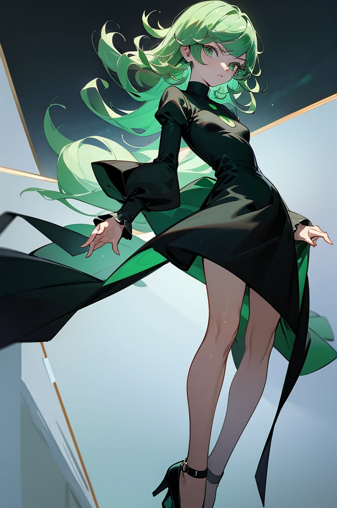 (masterpiece, top quality, best quality, official art, beautiful), draw Tatsumaki from "One Punch Man", small woman, confused by looking much younger than she really is due to her capricious nature and height, she has a young face with emerald green eyes and tousled emerald green hair that curls at the ends, wears a tight black dress, with sleeves long and four high-cut slits showing her legs and low-heeled black shoes.
