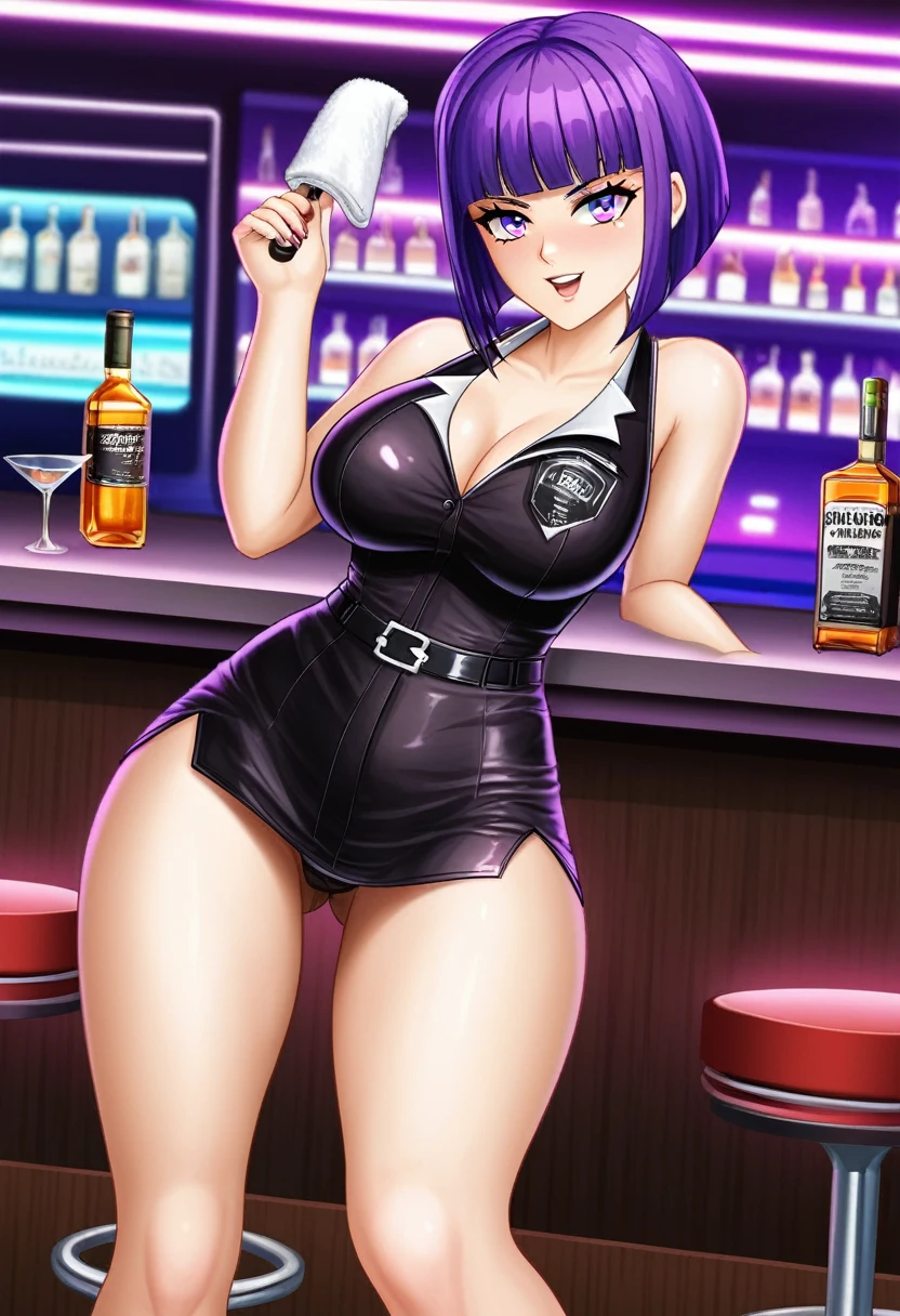 Adult Female, Black purple hair, slanted bob haircut, phlegmatic, stoic expression, perfect purple eyes, cyberpunk bar, bartender, bartender uniform, highly detailed, high quality, perfect quality, 8k, cleaning whiskey glass with towel, solid black pupils, shading