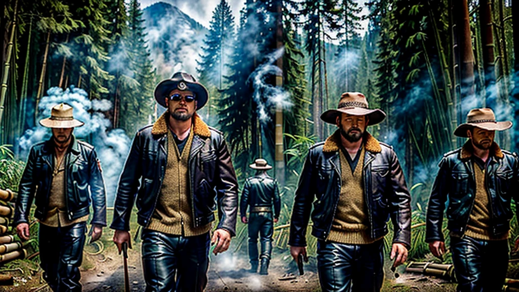 The Captain of the Forest -- leather jacket, long pants and hunter's boots, with a straw hat, closed, he is wounded and is carried on the shoulders of the men = one on the left side, the other on the right side - - a lot of smoke - he is carried by two henchmen - a lot of smoke - the captain of the forest falls to the ground in the background a bamboo grove