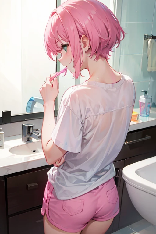 Disney Pixar style, cute girl with short pink hair with bangs, wearing a white shirt and pink shorts, in a bathroom brushing teeth, back view, realistc, 8k