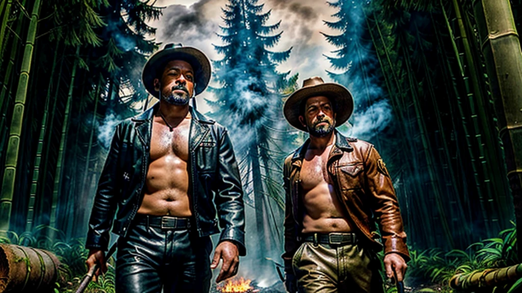 The Captain of the Forest, with an open-mouthed expression, uses vowels to speak -- leather jacket, long pants and hunter's boots, with a straw hat, gun at his waist, he is wounded and carried by men, one on the left side, the other on the right - - a lot of smoke around the body does not let him breathe - he is carried by two henchmen - a lot of smoke - the captain of the forest falls to the ground in the background a bamboo grove