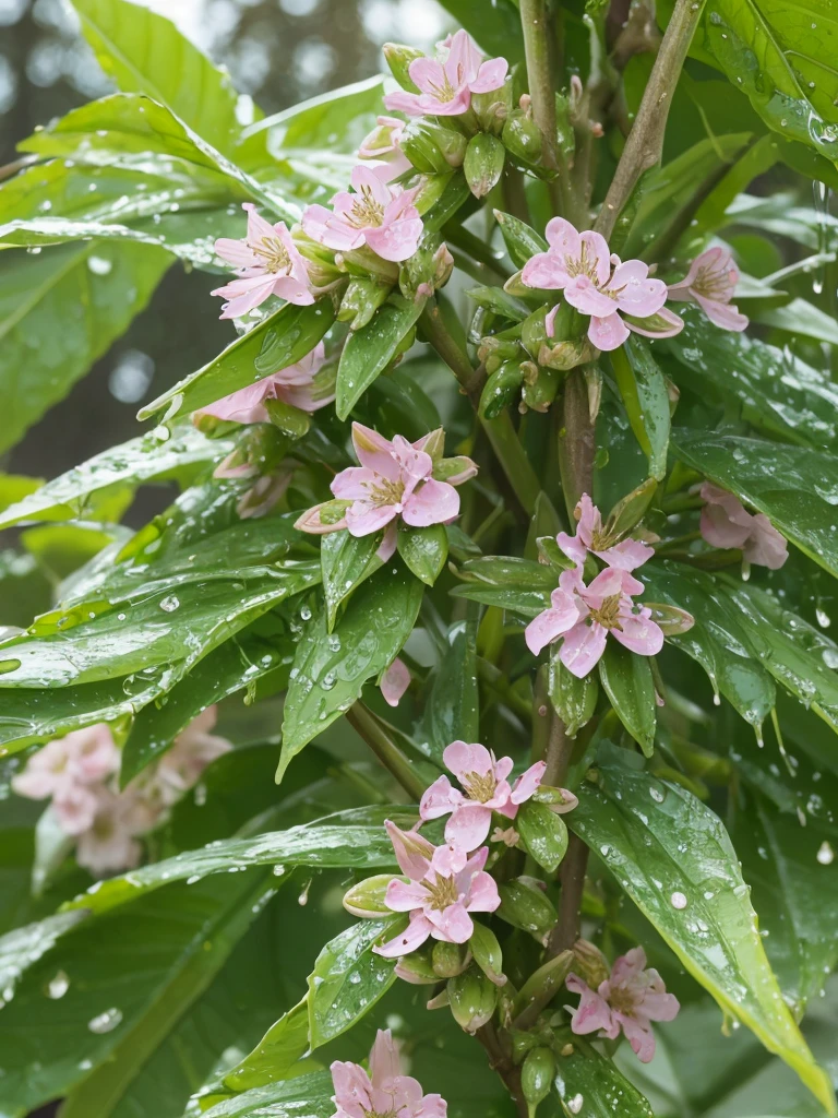 Wet buds bloom while dripping nectar