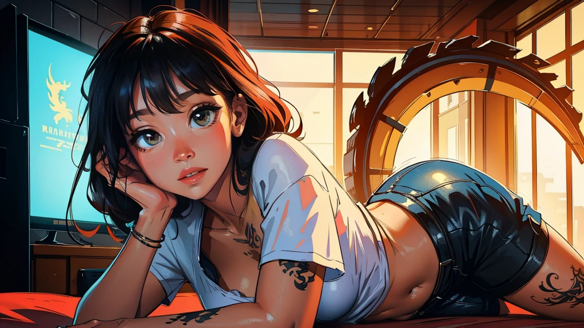 Photorealistic, high resolution, Soft light,(One woman solo) , Solo, Hips up, (Detailed face),tattoo dragon, jewelry, t-shirt with rough chest, Beautiful soldiers, Grab the audience's eye, Lover's perspective, Invitation expression, Sexy smile, Perfect style, Perfect balance, Detailed skin, mischievous gaze, chest visible,multi color hair ,amber eyes. sexy ,hair with bangs