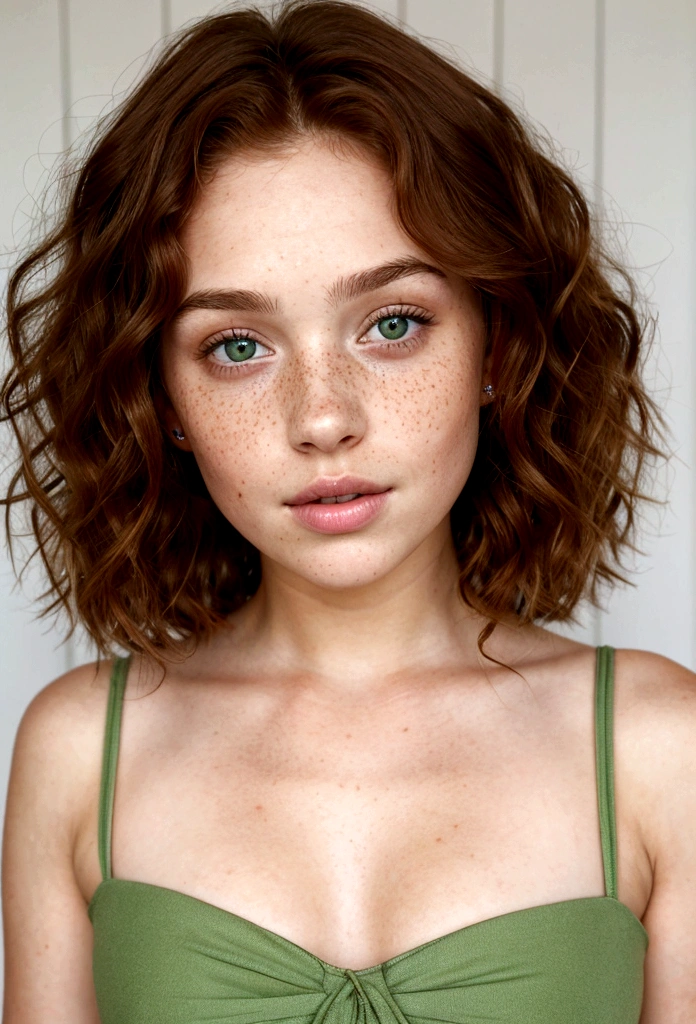 Young woman with fair skin, adorned with freckles on her cheeks, Full body photography, displays an athletic figure. The ultra-realistic photograph, taken with a high-fidelity camera, captures every intricate detail of her skin texture, the vibrant color and natural curls of her red-brown hair, and the captivating depth of her brown eyes. Her curly locks cascade down in luscious waves, each strand shimmering under the soft, natural light. The freckles on her cheeks add a charming touch to her flawless complexion, giving her a youthful and playful look. She is wearing a low-cut green dress, she has big breasts, she is taking a selfie giving a thumbs up to the camera.