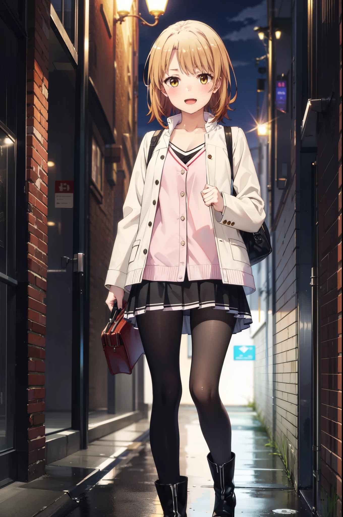 Irohaisshiki, isshiki iroha, short hair, Brown Hair, (Brown eyes:1.5), happy smile, smile, Open your mouth,blush,Riders jacket　Open front,V-neck shirt,mini skirt,Black pantyhose,short boots,Walking,He is holding the grip of a black umbrella in his right hand.,rain,cloudy,Walking,whole bodyがイラストに入るように,
break outdoors, Building district,crowd, people々々,
break looking at viewer,whole body,
break (masterpiece:1.2), Highest quality, High resolution, unity 8k wallpaper, (figure:0.8), (Beautiful attention to detail:1.6), Highly detailed face, Perfect lighting, Highly detailed CG, (Perfect hands, Perfect Anatomy),