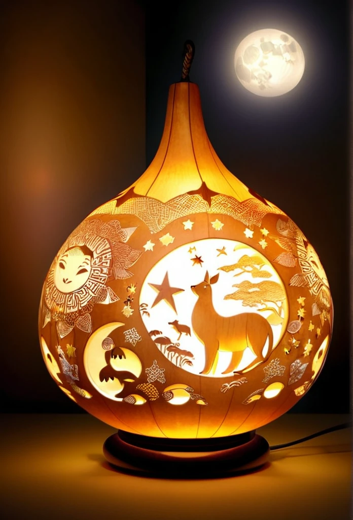 Gourd lamp. A lamp in the shape of a gourd. Delicate design. Beautiful luster. Shapes of the moon, sun, stars and animals are carved out. When lit, beautiful patterns emerge. Relaxing. Asian taste.エスニック柄。