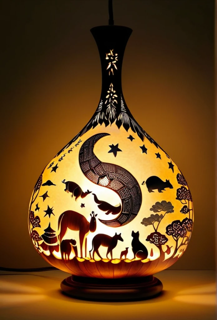 Gourd lamp. A lamp in the shape of a gourd. Delicate design. Beautiful luster. Shapes of the moon, sun, stars and animals are carved out. When lit, beautiful patterns emerge. Relaxing. Asian taste.エスニック柄。