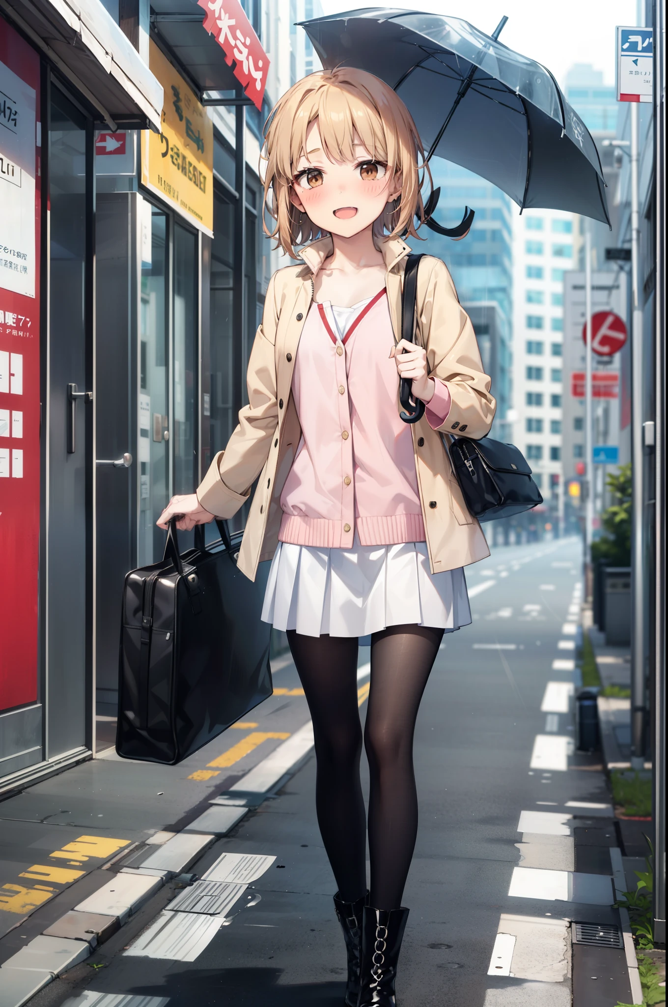 Irohaisshiki, isshiki iroha, short hair, Brown Hair, (Brown eyes:1.5), happy smile, smile, Open your mouth,blush,Riders jacket　Open front,V-neck shirt,mini skirt,Black pantyhose,short boots,Walking,He is holding the grip of a black umbrella in his right hand.,rain,cloudy,Walking,whole bodyがイラストに入るように,
break outdoors, Building district,crowd, people々々,
break looking at viewer,whole body,
break (masterpiece:1.2), Highest quality, High resolution, unity 8k wallpaper, (figure:0.8), (Beautiful attention to detail:1.6), Highly detailed face, Perfect lighting, Highly detailed CG, (Perfect hands, Perfect Anatomy),