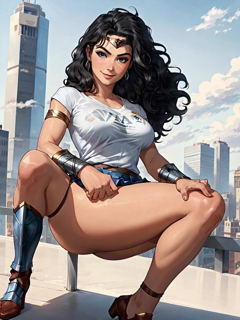 g4lg, wonder woman, ((wearing a white Real Madrid tshirt)), happy, smilling, heart hands, spread legs, (pretty face:1.2), (finely detailed face and beautiful eyes), mature female, muscle, bare hands, (armlet, blue armor skirt, bracer, head ring ), (black eyes, black long hair, messy hair, floating hair), ((white Real Madrid tshirt)), (long proportional legs), (best quality:1.1),(city background:1.2), ((masterpiece)),