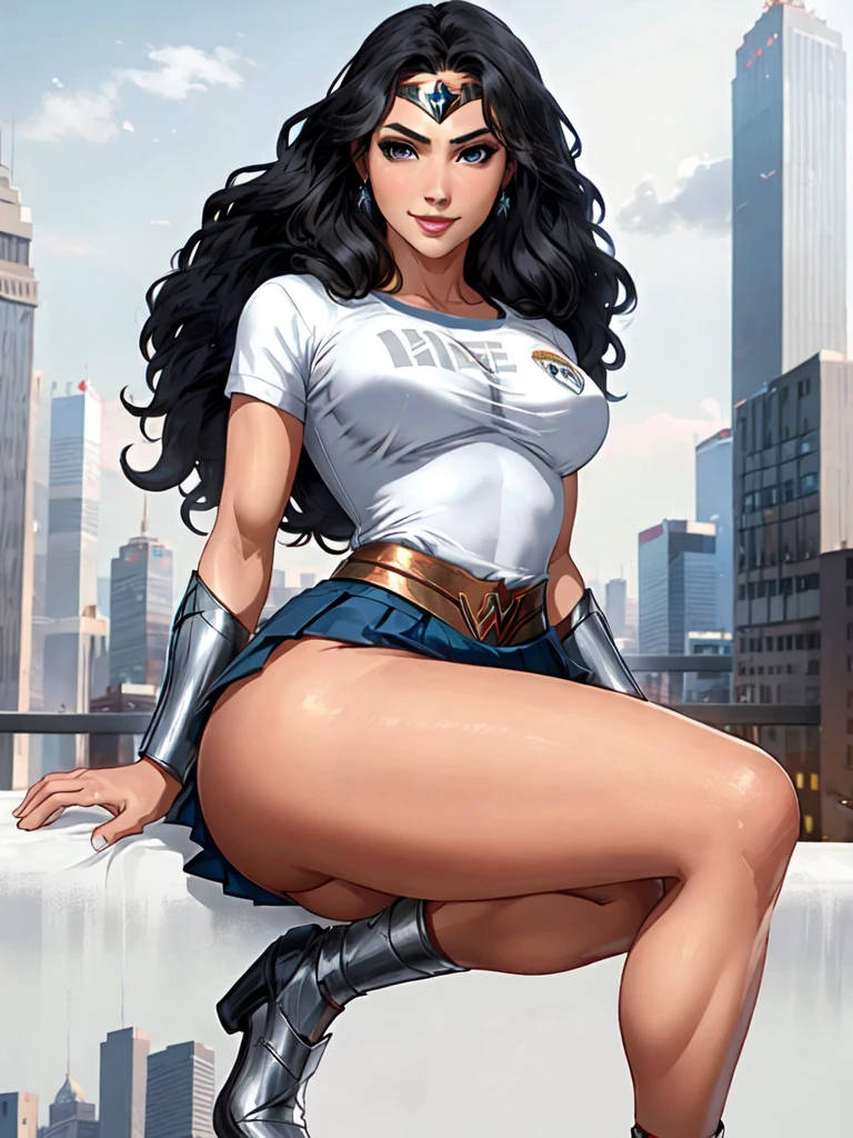 g4lg, wonder woman, ((wearing a white Real Madrid tshirt)), happy, smilling, heart hands, spread legs, (pretty face:1.2), (finely detailed face and beautiful eyes), mature female, muscle, bare hands, (armlet, blue armor skirt, bracer, head ring ), (black eyes, black long hair, messy hair, floating hair), ((white Real Madrid tshirt)), (long proportional legs), (best quality:1.1),(city background:1.2), ((masterpiece)),