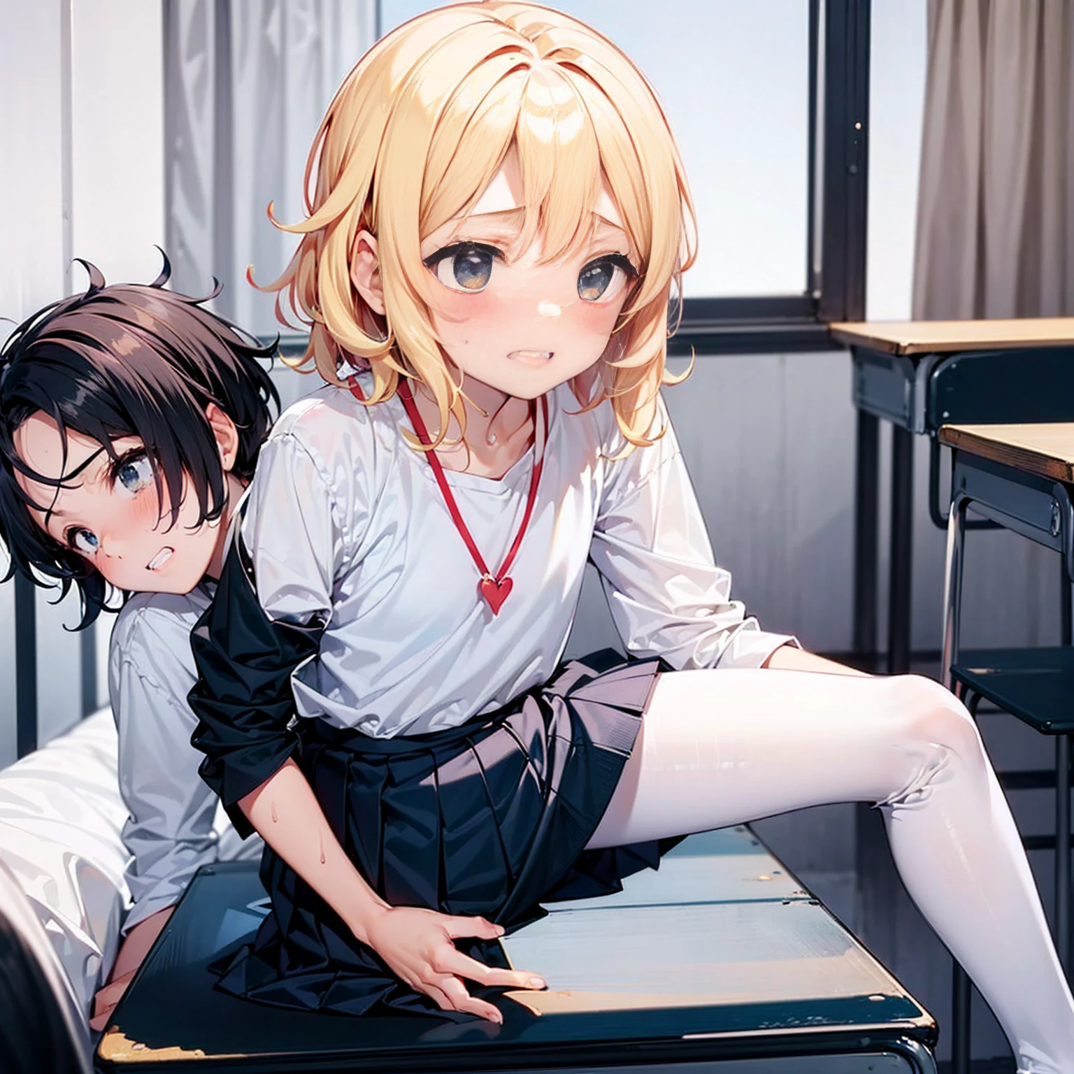 Highest quality,Highest quality,One girl,One boy,((((10 years old)))),Flat Chest,orgasm,blush, Sweat, Sakurai Momoka,Blonde,White Sarah Outfit,Navy Blue Skirt, Not a pleated skirt,whole body,classroom, Grey pantyhose、Flipping up a navy blue skirt、Spread your legs