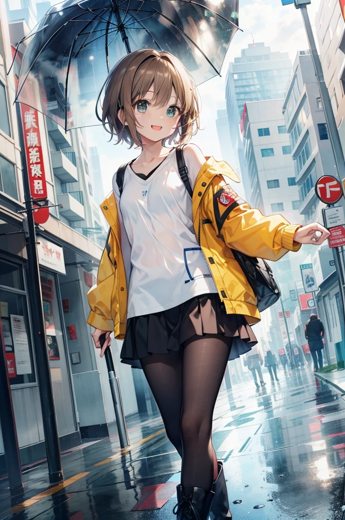 Irohaisshiki, isshiki iroha, short hair, Brown Hair, (Brown eyes:1.5), happy smile, smile, Open your mouth,blush,Riders jacket　Open front,V-neck shirt,mini skirt,Black pantyhose,short boots,Walking,He is holding the grip of a black umbrella in his right hand.,rain,cloudy,Walking,whole bodyがイラストに入るように,
break outdoors, Building district,crowd, people々々,
break looking at viewer,whole body,
break (masterpiece:1.2), Highest quality, High resolution, unity 8k wallpaper, (figure:0.8), (Beautiful attention to detail:1.6), Highly detailed face, Perfect lighting, Highly detailed CG, (Perfect hands, Perfect Anatomy),