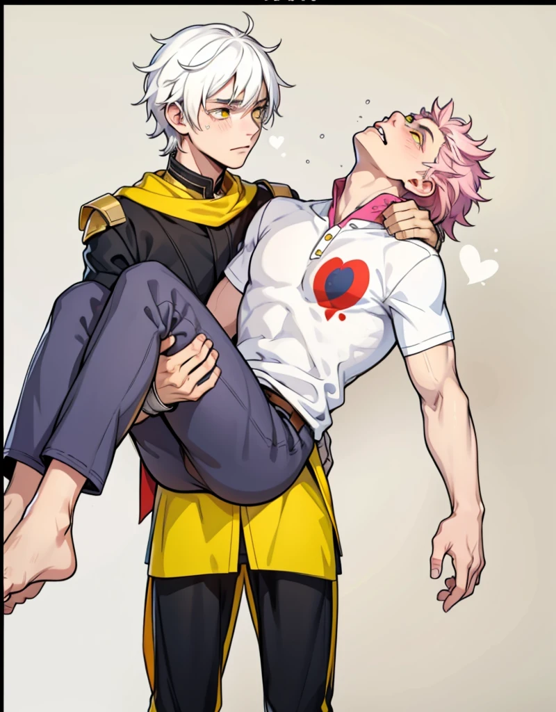 18 year old man, yellow eyes, sad, has tears on his face, white hair, carrying a dead young man with pink hair in his arms.