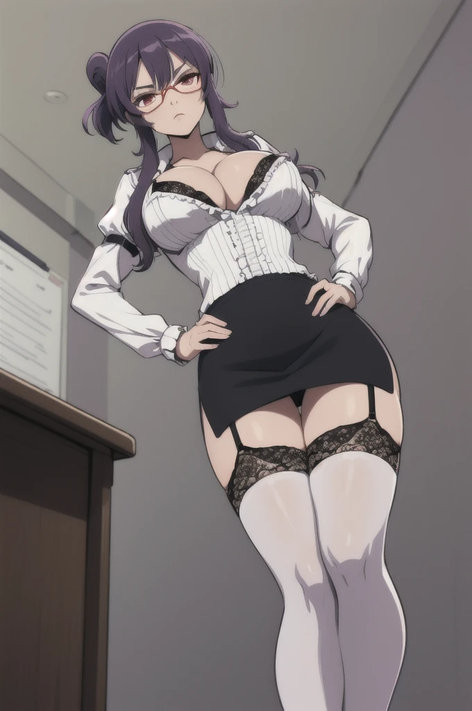 masterpiece, best quality, suzune, purple hair, red glasses, red eyes, white shirt, cleavage, lace trim, pencil skirt, garter straps, black thighhighs, high heels, large breasts, looking at viewer, classroom, (from below:1.4), contrapposto, hand on hip, serious, pov, dramatic angle