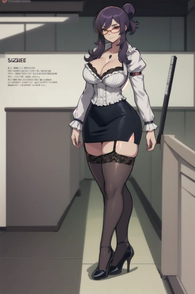 masterpiece, best quality, suzune, purple hair, red eyes, red glasses, white shirt, cleavage, lace trim, pencil skirt, garter straps, black thighhighs, high heels, from side, thick thighs, looking at viewer, smile, standing, school hallway 