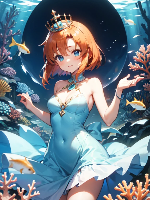 Rena Ryuuguu, orange hair, short hair, blue eyes, One Girl, Flowing Dress, Crystal Crown, Jewels of the Sea, Coral Decoration, Scale pattern, Seashell Accessories, Wave pattern costume, Underwater Light, blue, city, Queen, Turquoise hair ornament