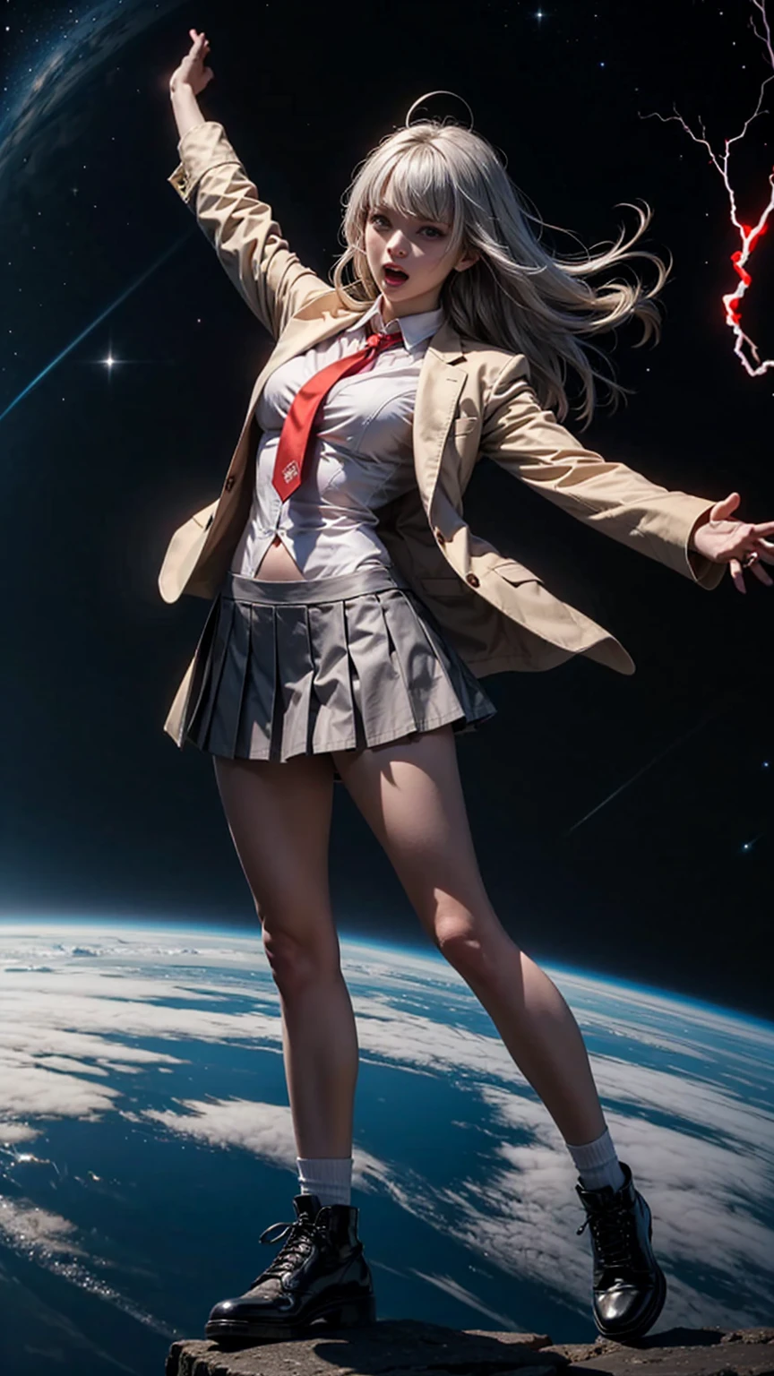 1girl, tall body, high school student, suit, dark blue suit jacket, white shirt, (red ribbon necktie), grey pleated skirt, miniskirt, bare legs, white socks, brown shoes, light grey hair, hazel eyes, med-back-length hair, bangs, ahoge, beautiful detailed eyes, beautiful detailed face, cute face, medium breasts, perfect hands, complete fingers, perfect anatomy, perfect proportions, age 18, solo, solo focus, standing, raised arms, serious, open mouth, looking at viewer, space backdrop, floating, body infused with electricity, ahoge